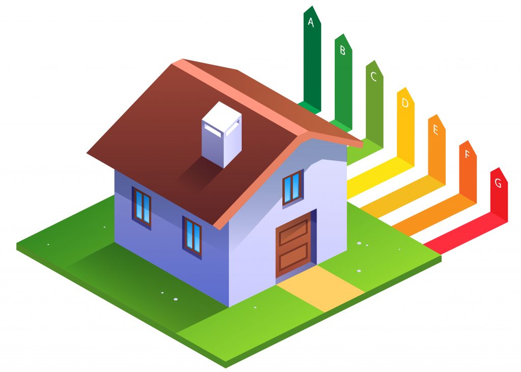 Image of a house next to different EPC ratings. These assess the energy efficiency of your house. The uk government's ECO+ scheme can boost your epc rating with funded home upgrades.