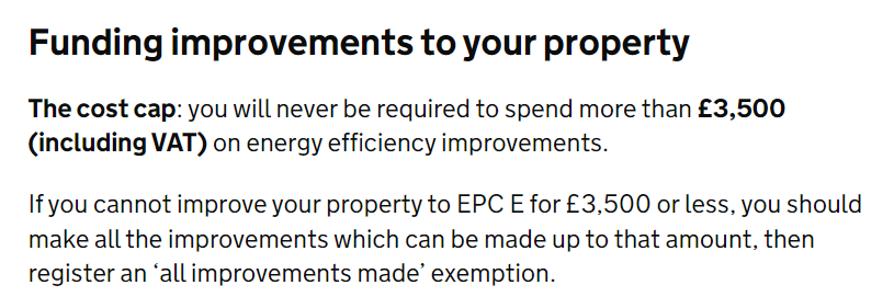 screenshot from gov.uk discussing minimum epc rating for rental properties. there is a cost cap for how much landlords are required to spend to boost their epcs
