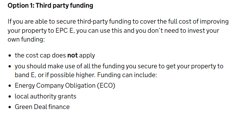 screenshot of a gov.uk page explaining how landlords can explore eco4 or eco flex funding to improve the epc rating of their properties