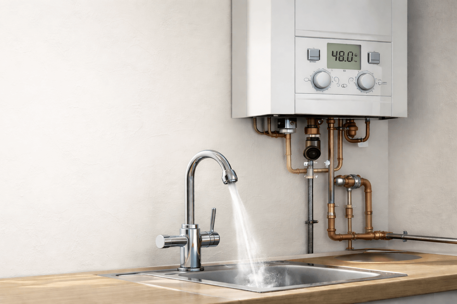 Wall-mounted combi boiler supplying hot water to a kitchen sink
