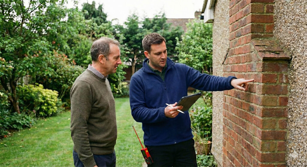 Energy advisor inspecting external wall of UK home for Improveasy Boiler Upgrade Scheme application