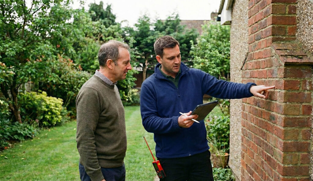 Energy advisor inspecting external wall of UK home for Improveasy Boiler Upgrade Scheme application