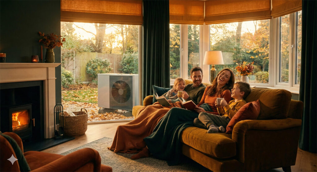 Family relaxing in warm home heated by air source heat pump installed via Improveasy