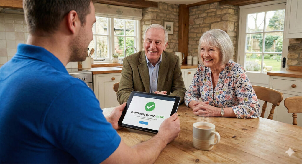 Approved £7,500 Boiler Upgrade Scheme grant displayed on tablet by Improveasy advisor