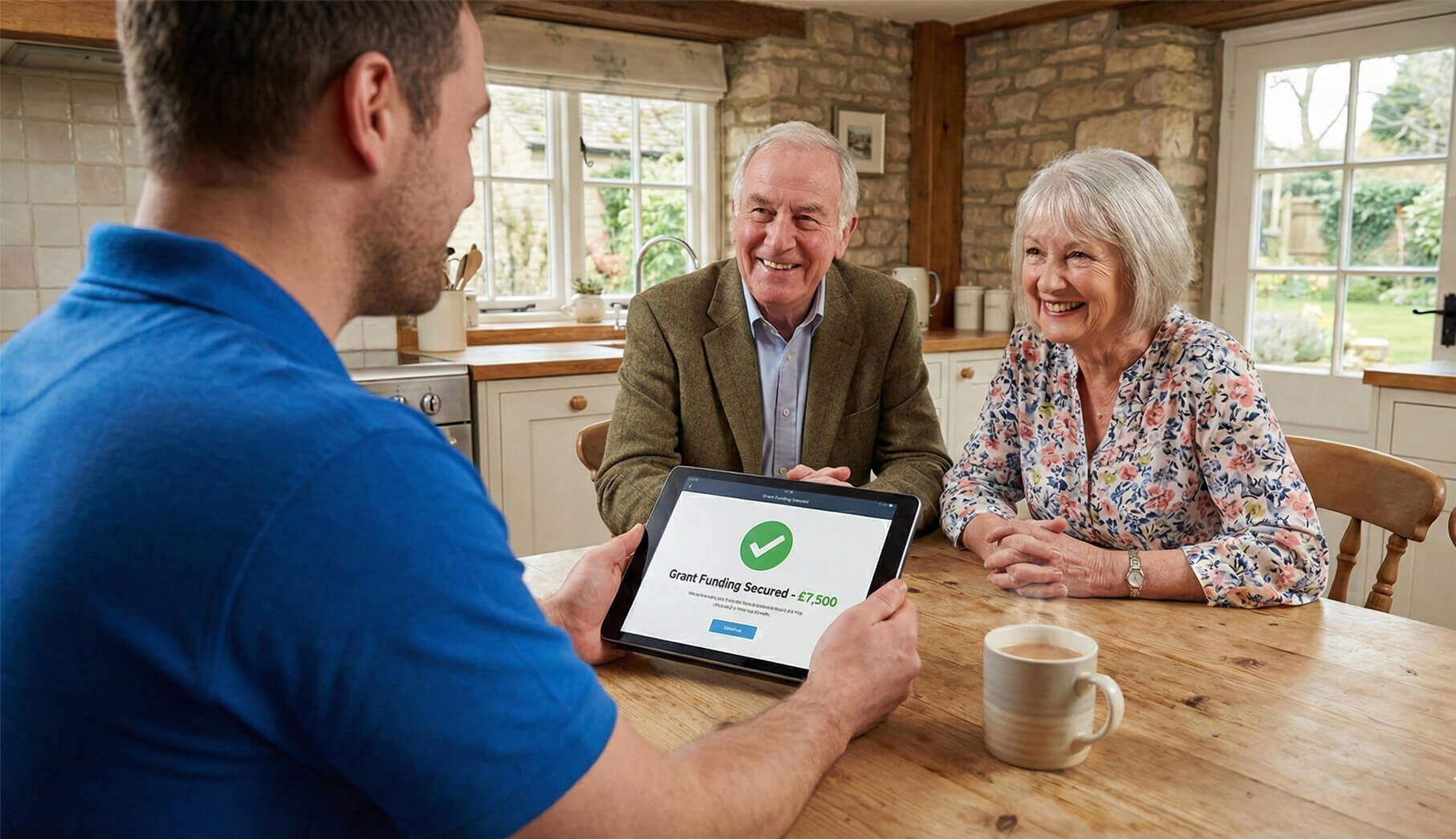 Approved £7,500 Boiler Upgrade Scheme grant displayed on tablet by Improveasy advisor