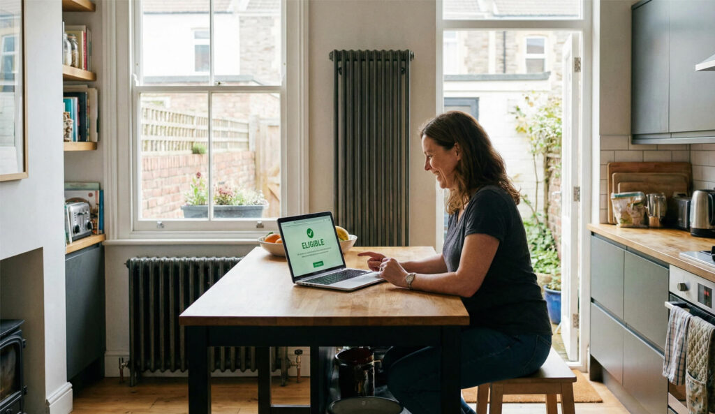 Homeowner checking eligibility for UK Boiler Upgrade Scheme grant with Improveasy