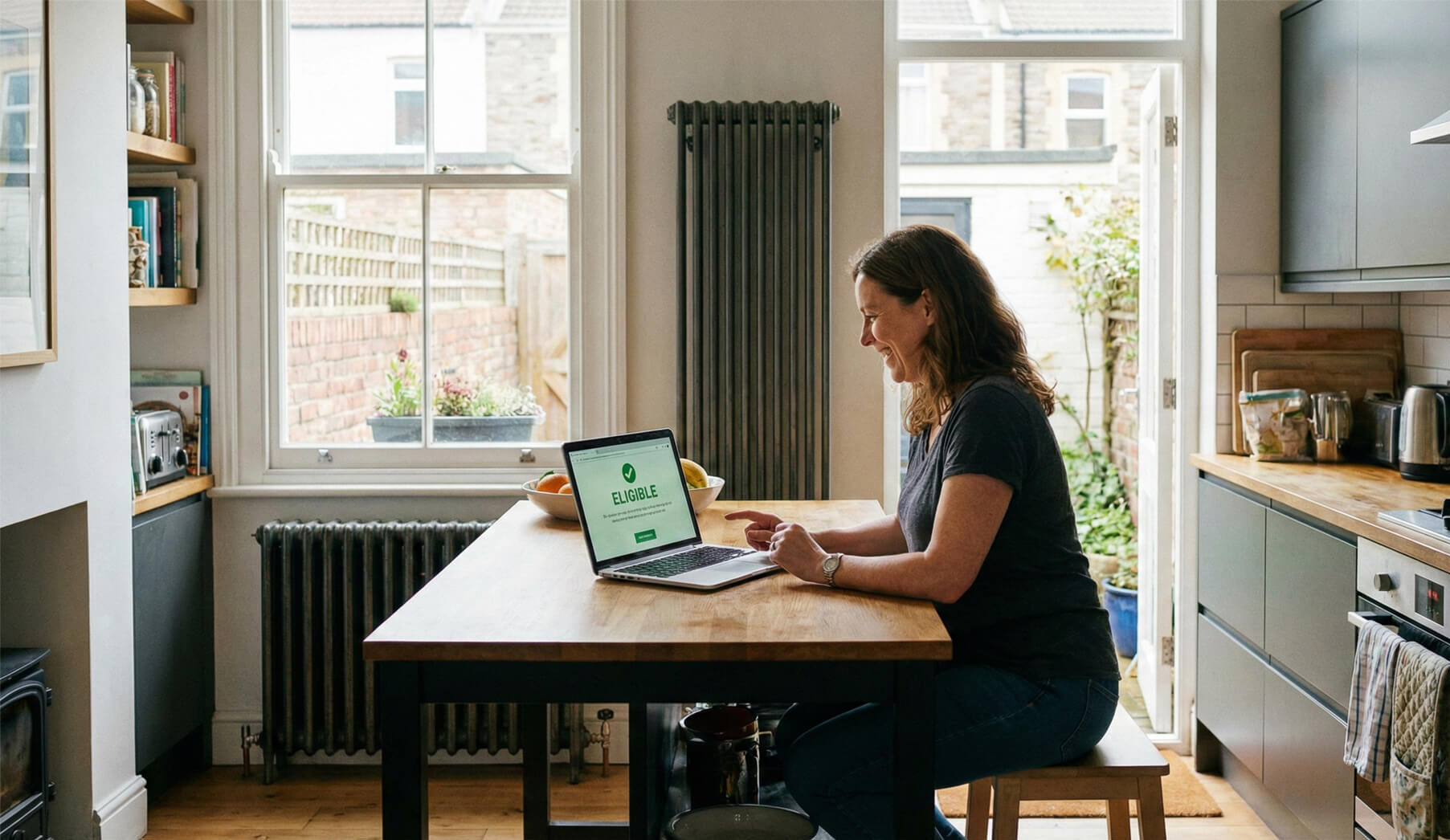 Homeowner checking eligibility for UK Boiler Upgrade Scheme grant with Improveasy