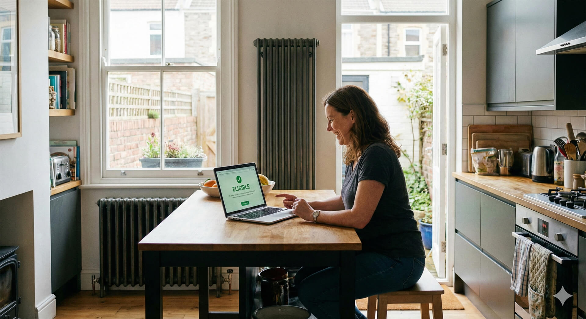 Homeowner checking eligibility for UK Boiler Upgrade Scheme grant with Improveasy