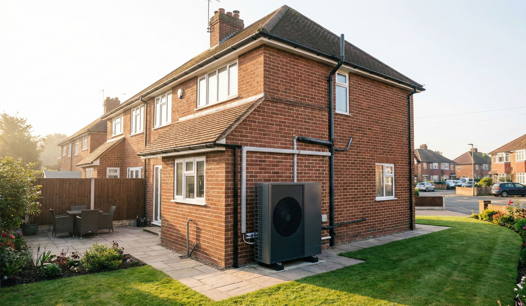 Rear view of UK home with air source heat pump installed under Improveasy Boiler Upgrade Scheme