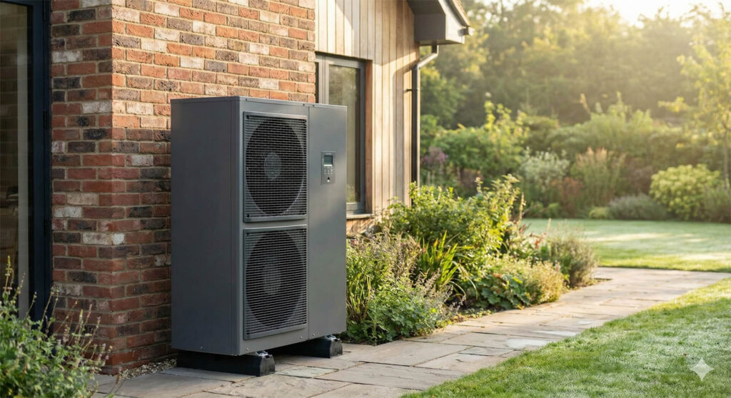 Air source heat pump installed beside UK property through Improveasy government grant scheme
