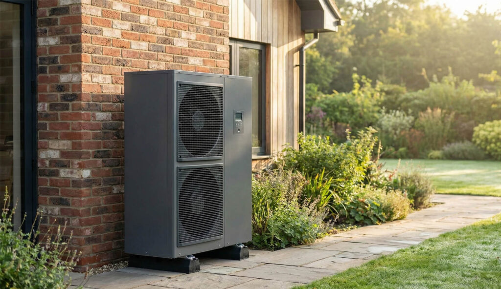 Air source heat pump installed beside UK property through Improveasy government grant scheme