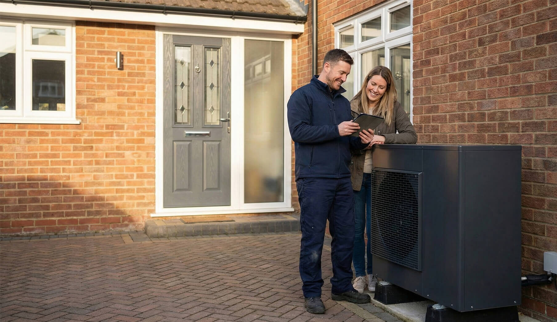Air source heat pump fitted to brick house exterior as part of Improveasy Boiler Upgrade Scheme