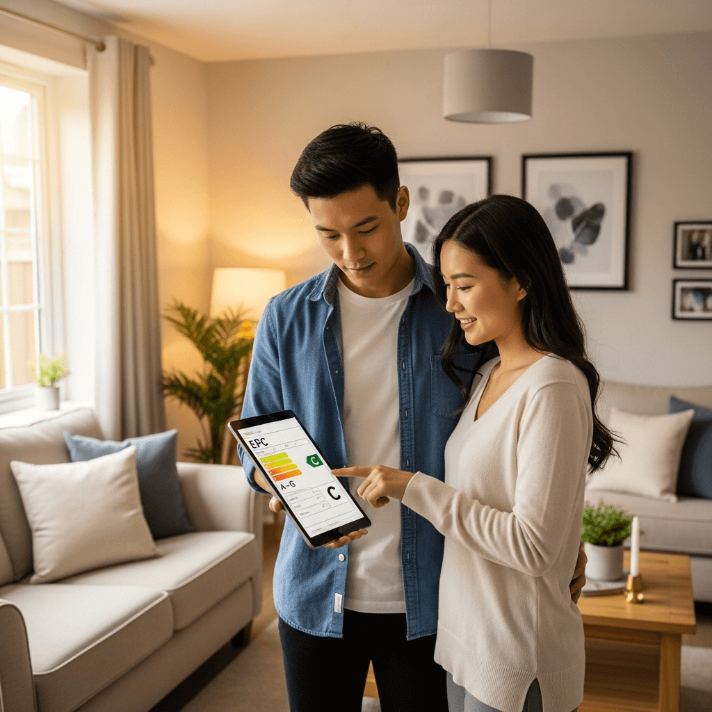 Young couple looking at improved EPC rating