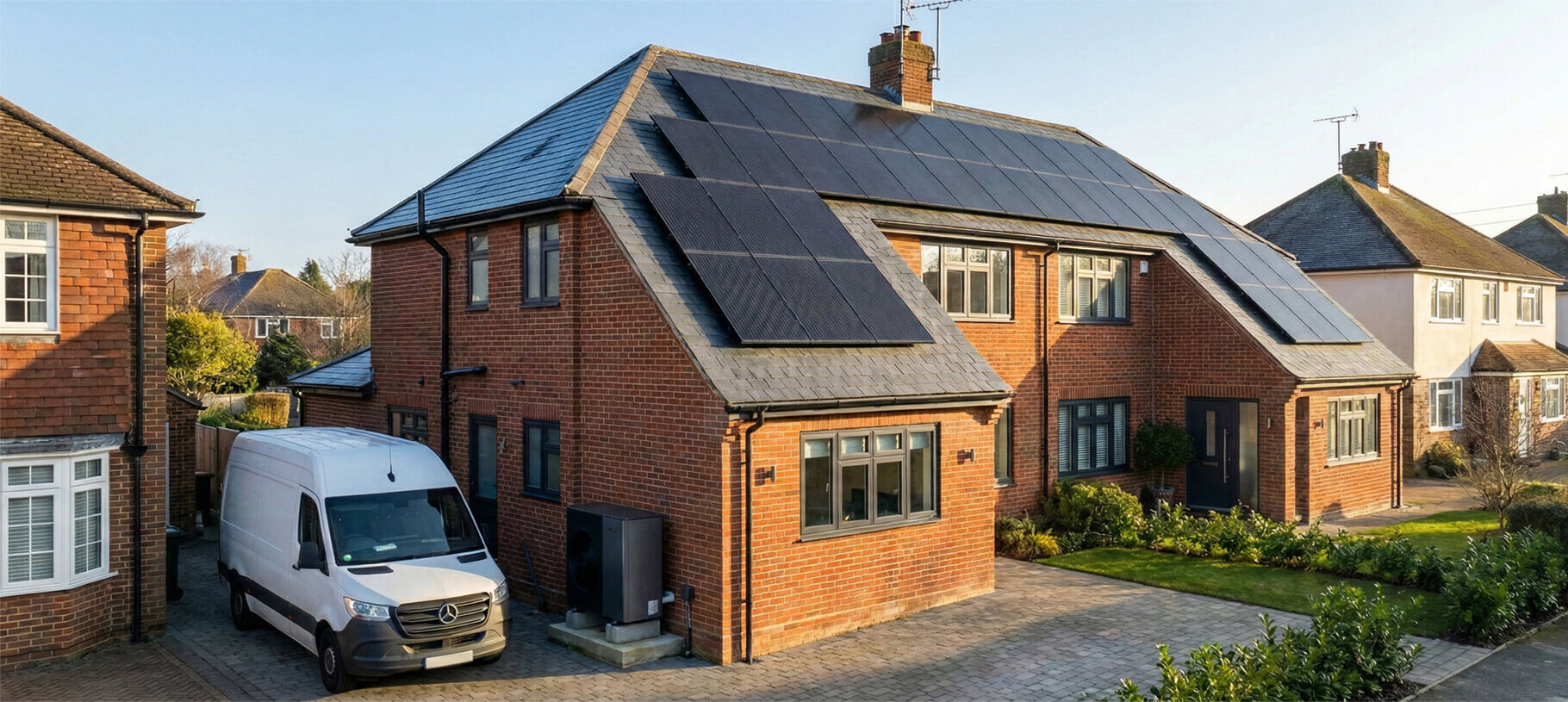 Improveasy Grants UK house with solar panels and heat pump
