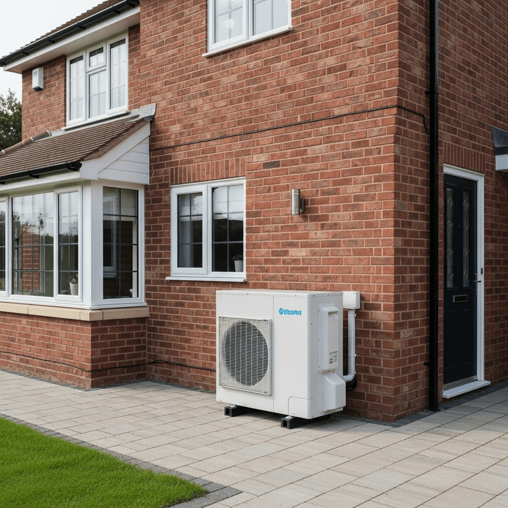 Air source heat pump installed outside of house
