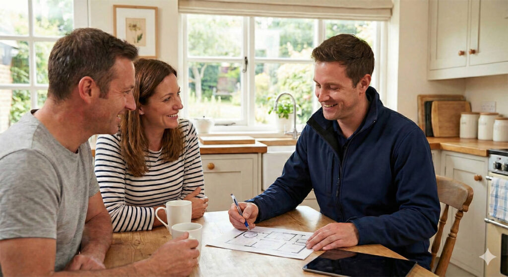Improveasy surveyor talking with couple