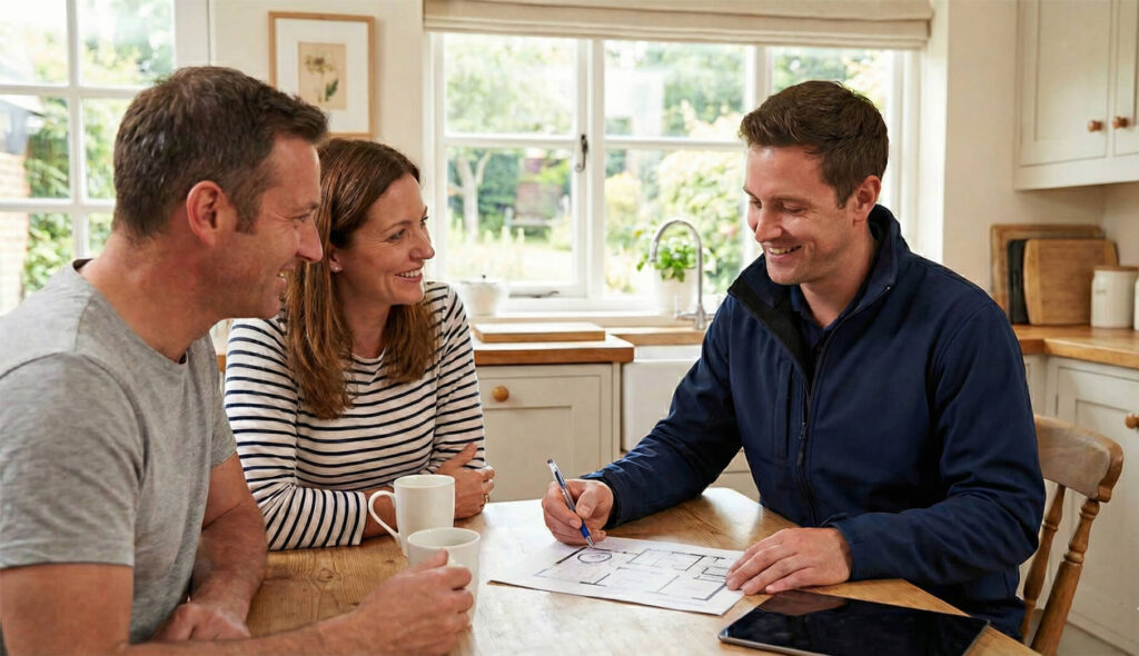 Improveasy surveyor talking with couple