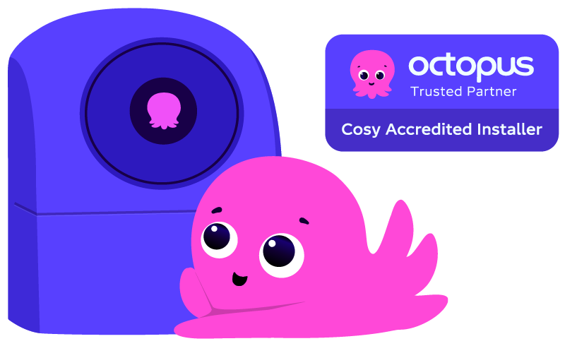 Octopus Energy Trusted Partner badge showing Cosy Accredited Installer status.