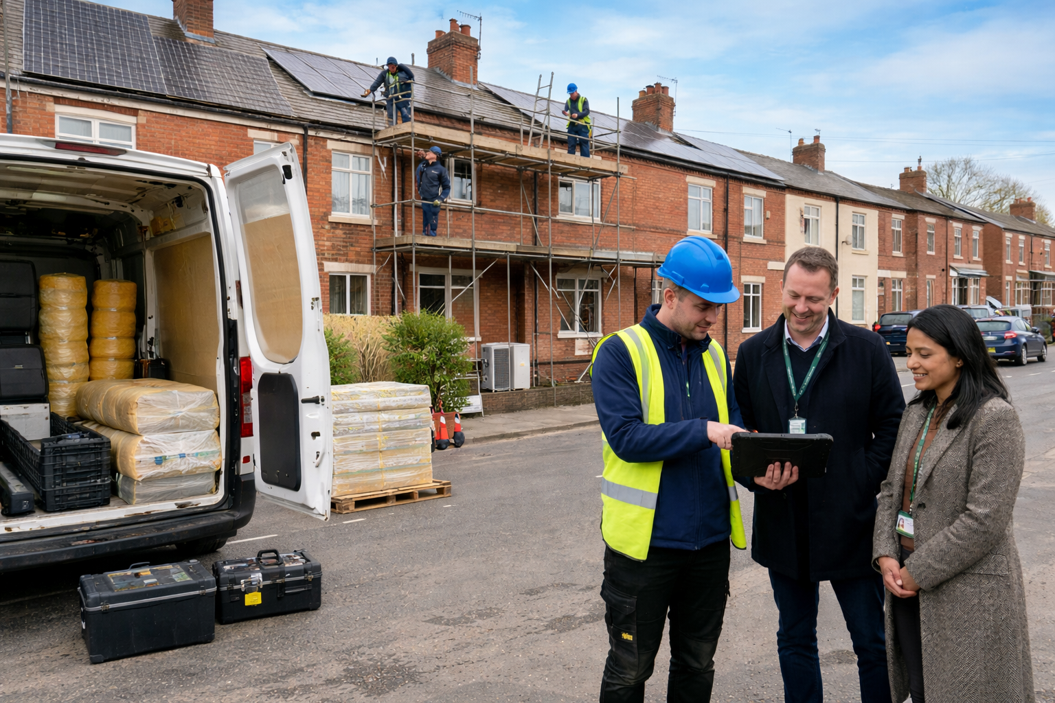Energy efficiency retrofit work on UK homes including insulation, solar panels and heat pump installation.