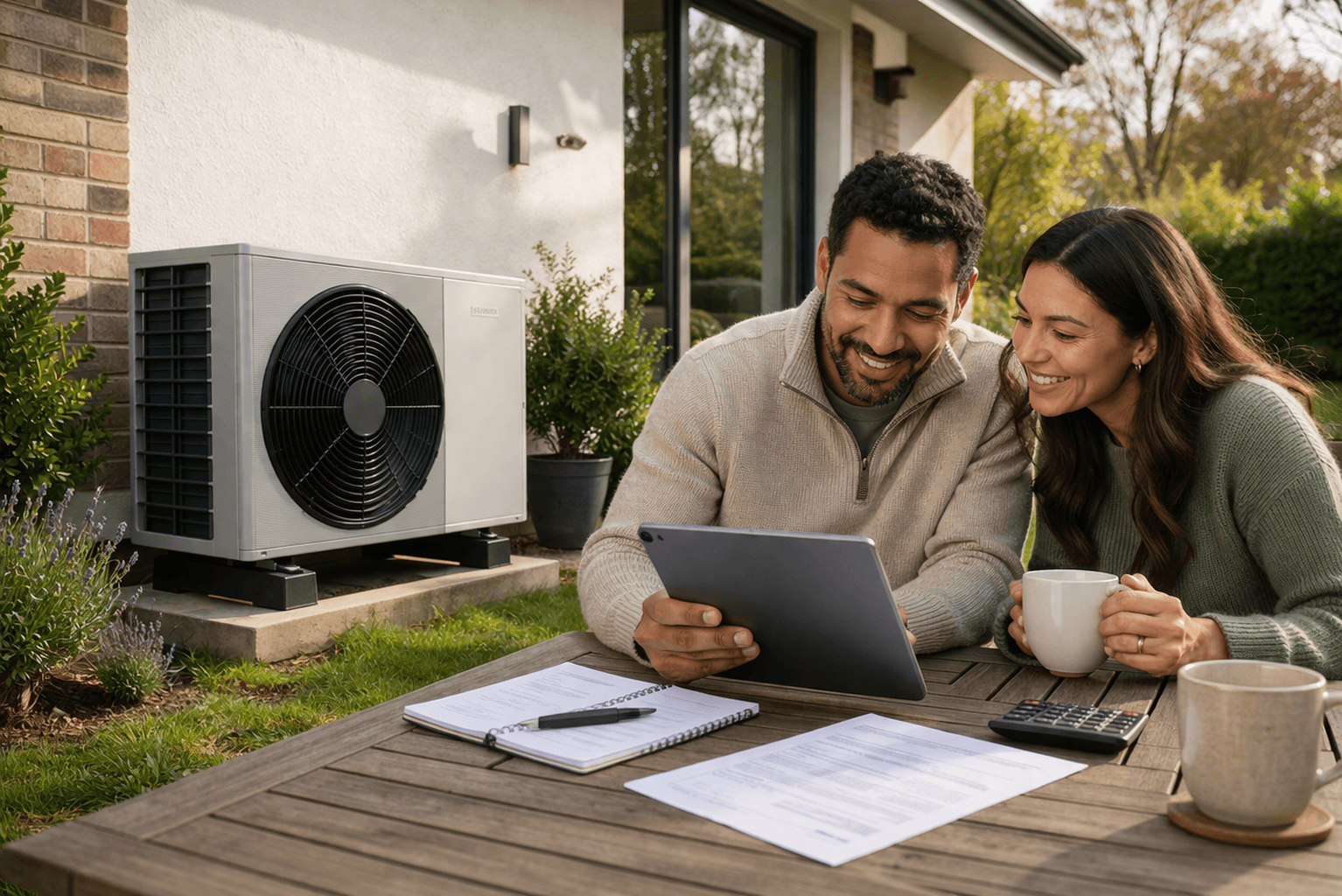 Homeowners reviewing finances on a laptop beside an outdoor heat pump at their property