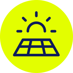 Renewable energy icon representing solar panels and heat pump investment in homes