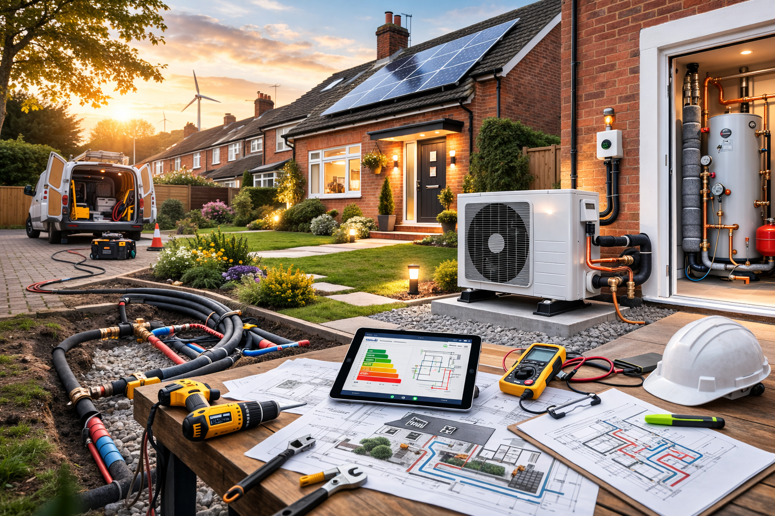 Air source heat pump installation supporting low-carbon heating programmes for UK homes.