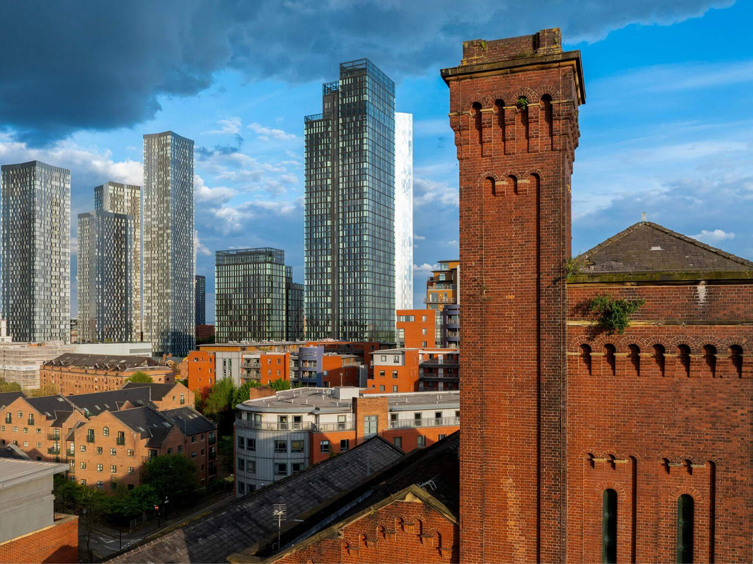 Manchester skyline with modern buildings and historic architecture