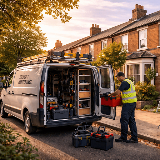 Property maintenance team carrying out coordinated repairs on residential homes