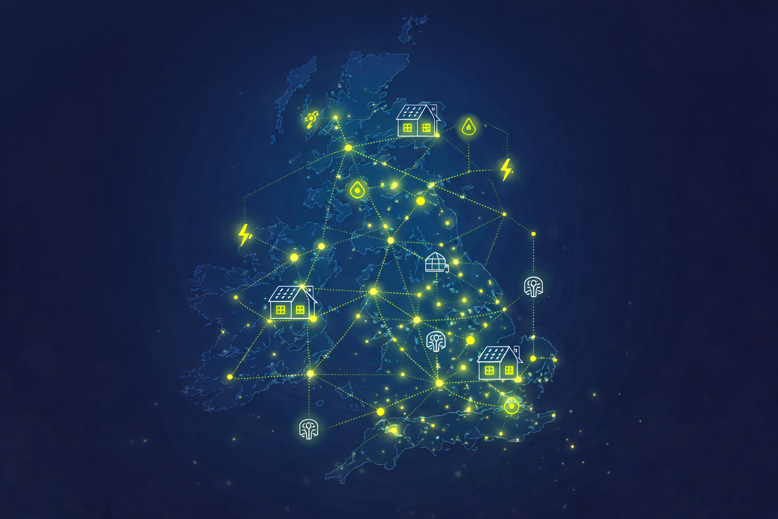 UK map with connected homes and energy network illustrating national retrofit and net zero initiatives