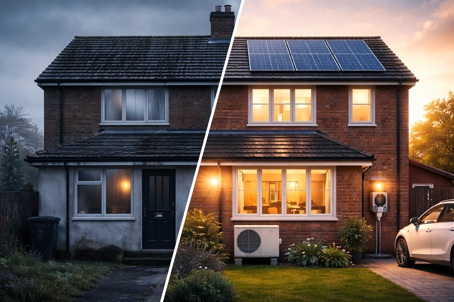 UK home before and after retrofit showing improved insulation, solar panels and heat pump installation
