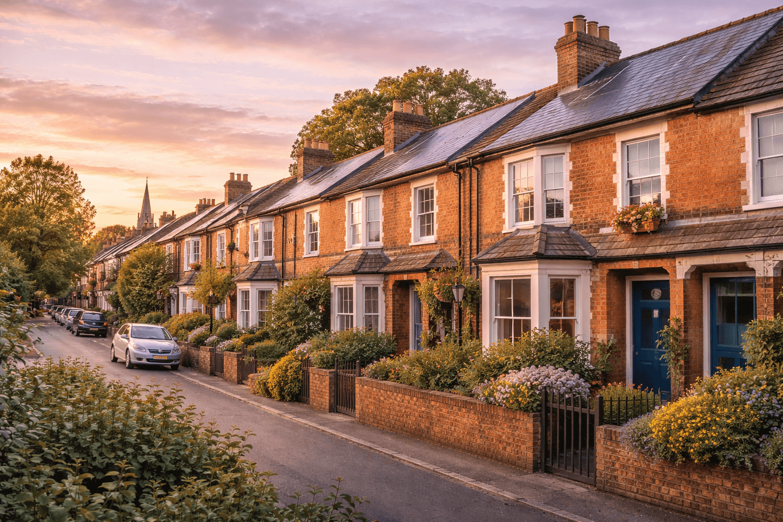 Row of traditional red-brick terraced houses in the UK representing typical older housing stock.
