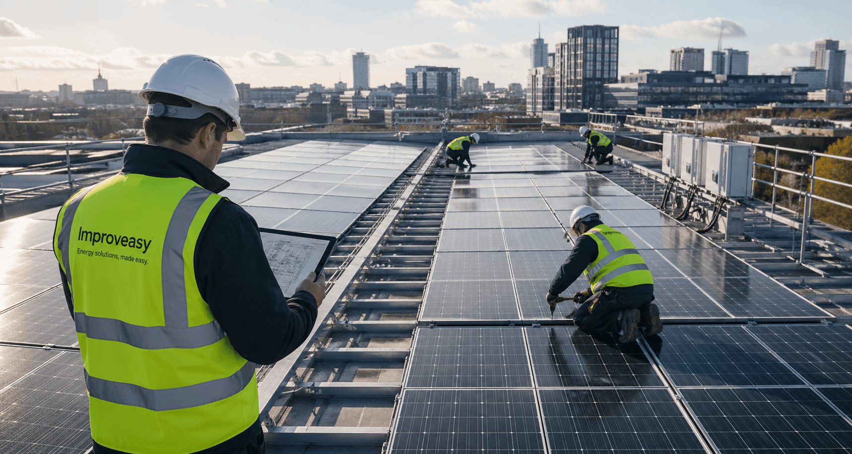 Engineers installing solar panels on a commercial rooftop, delivering large-scale energy upgrade project