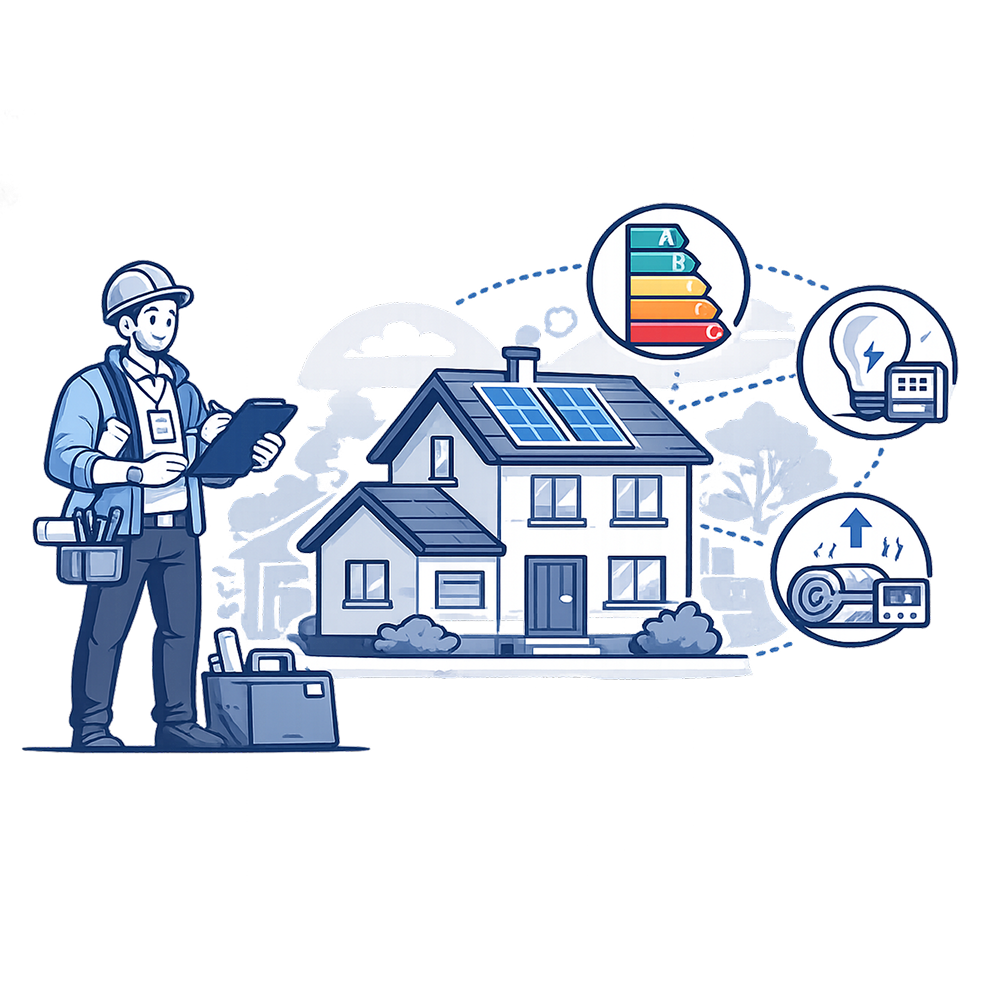 Energy surveyor assessing home efficiency