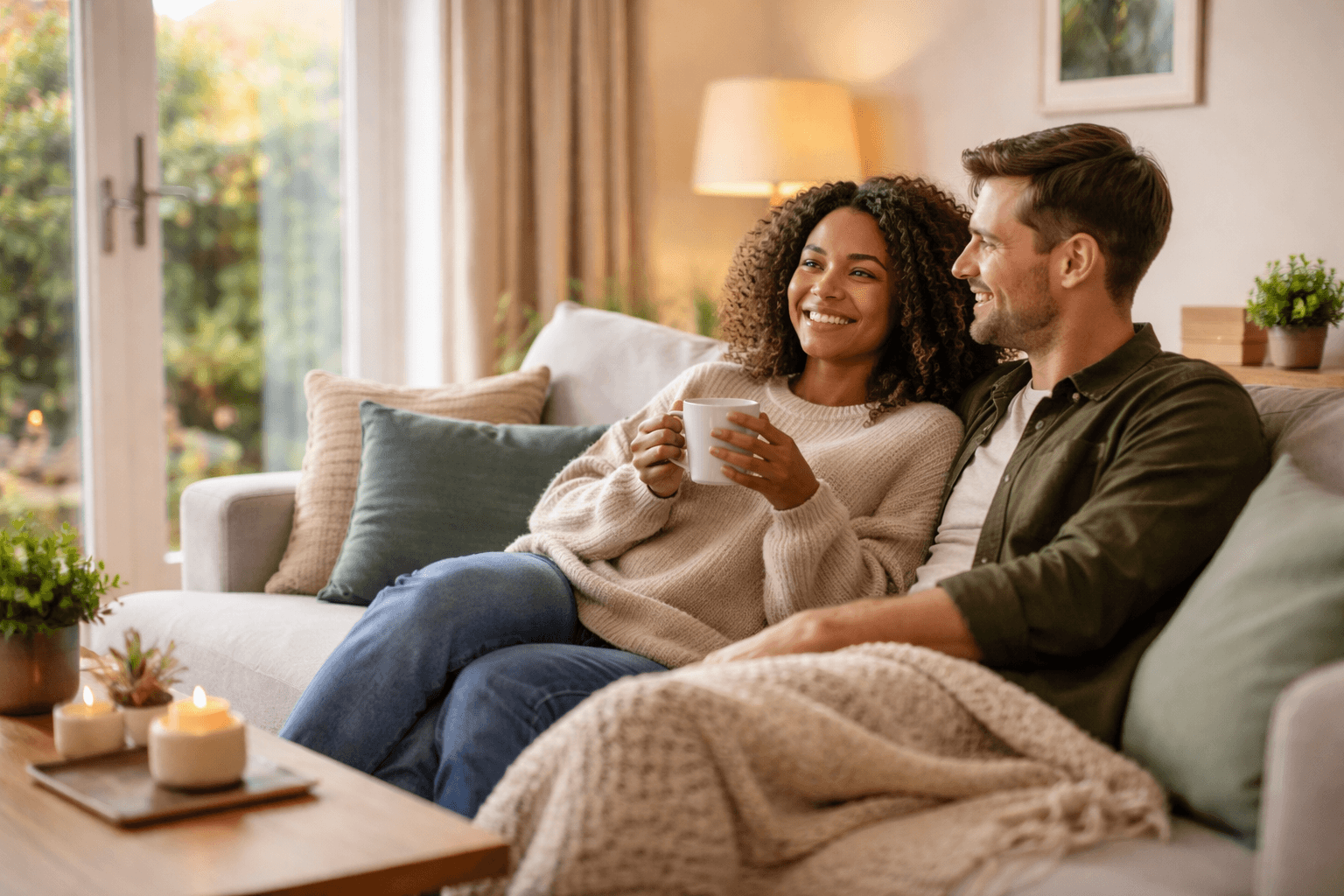 Happy tenants relaxing in a warm, modern, energy-efficient UK home