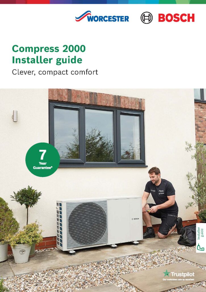 Front cover of a Worcester Bosch "Compress 2000 Installer guide" titled "Clever, compact comfort." The image shows a heating engineer working on an outdoor air source heat pump unit installed in a residential garden, featuring a green "7 Year Guarantee" badge.