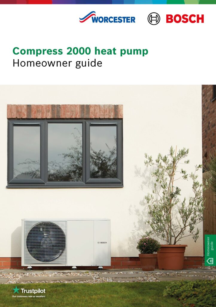 Front cover of a Worcester Bosch "Compress 2000 heat pump Homeowner guide." The image shows a white outdoor air source heat pump unit installed beneath a grey window on the patio of a house, next to potted garden plants.