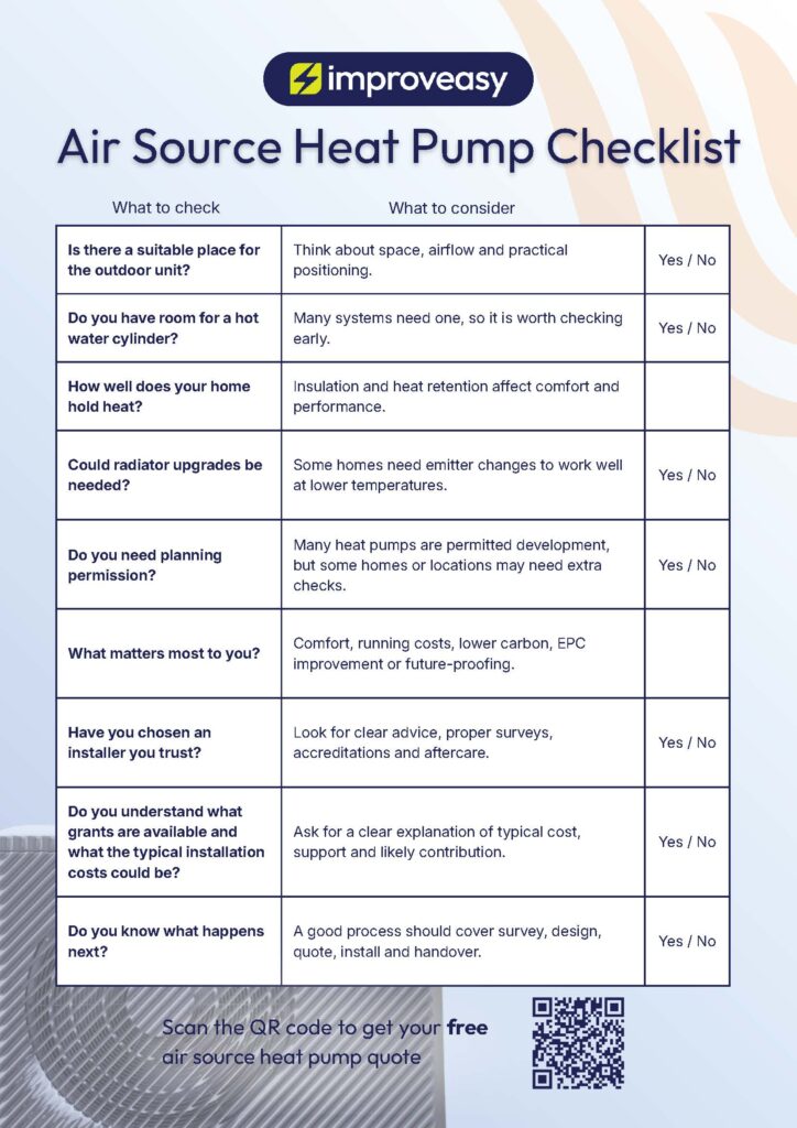 An infographic document titled "Air Source Heat Pump Checklist" by Improveasy, featuring a branded dark blue logo with a yellow lightning bolt icon. The document contains a 3-column table organized under the headers: "What to check", "What to consider", and a column for user selection boxes.