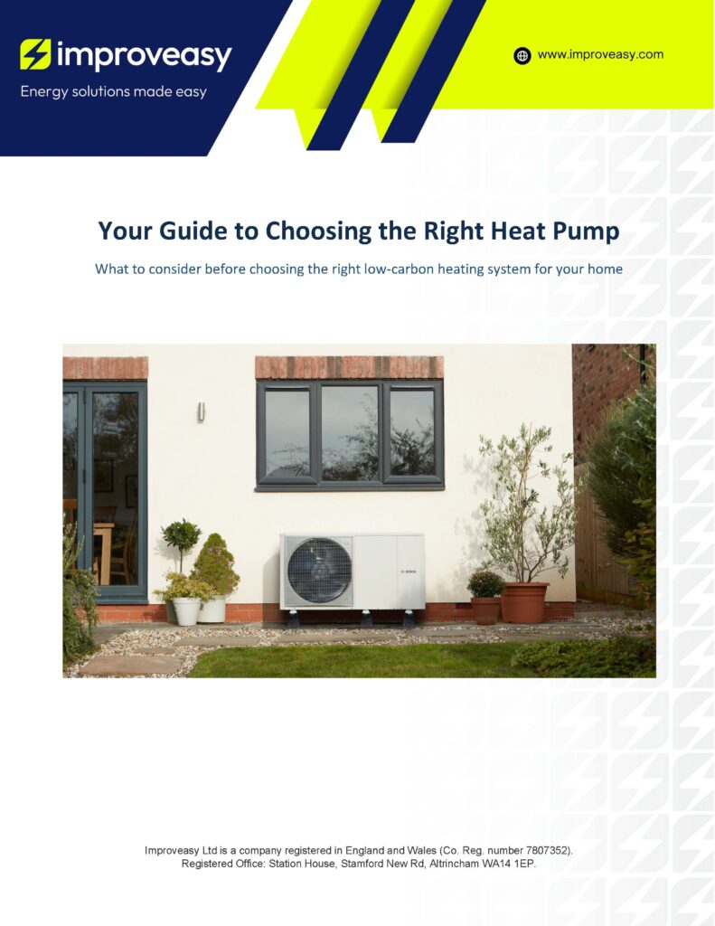 Cover page of an Improveasy customer guide titled "Your Guide to Choosing the Right Heat Pump." It shows an external photograph of a Bosch heat pump unit installed outside a house with modern grey windows.