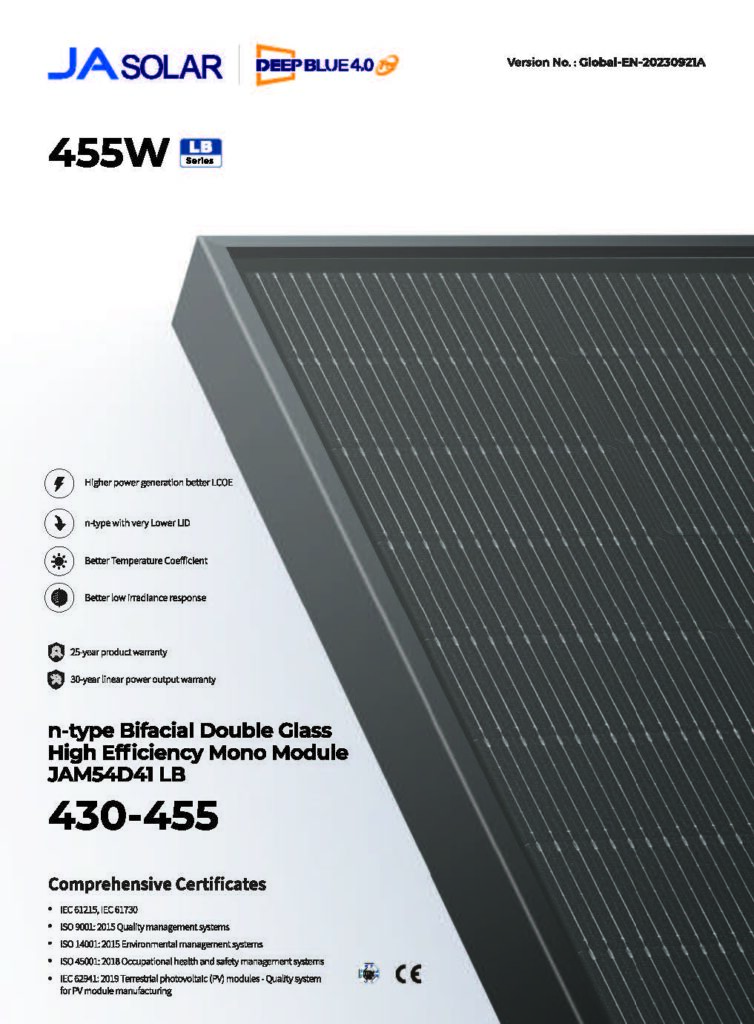 Front page of a JA Solar DeepBlue 4.0 LB Series specification sheet for the 455W n-type Bifacial Double Glass High Efficiency Mono Module (JAM54D41 LB 430-455). The page features a close-up image of the black solar panel grid and frame, alongside product features and certificates.