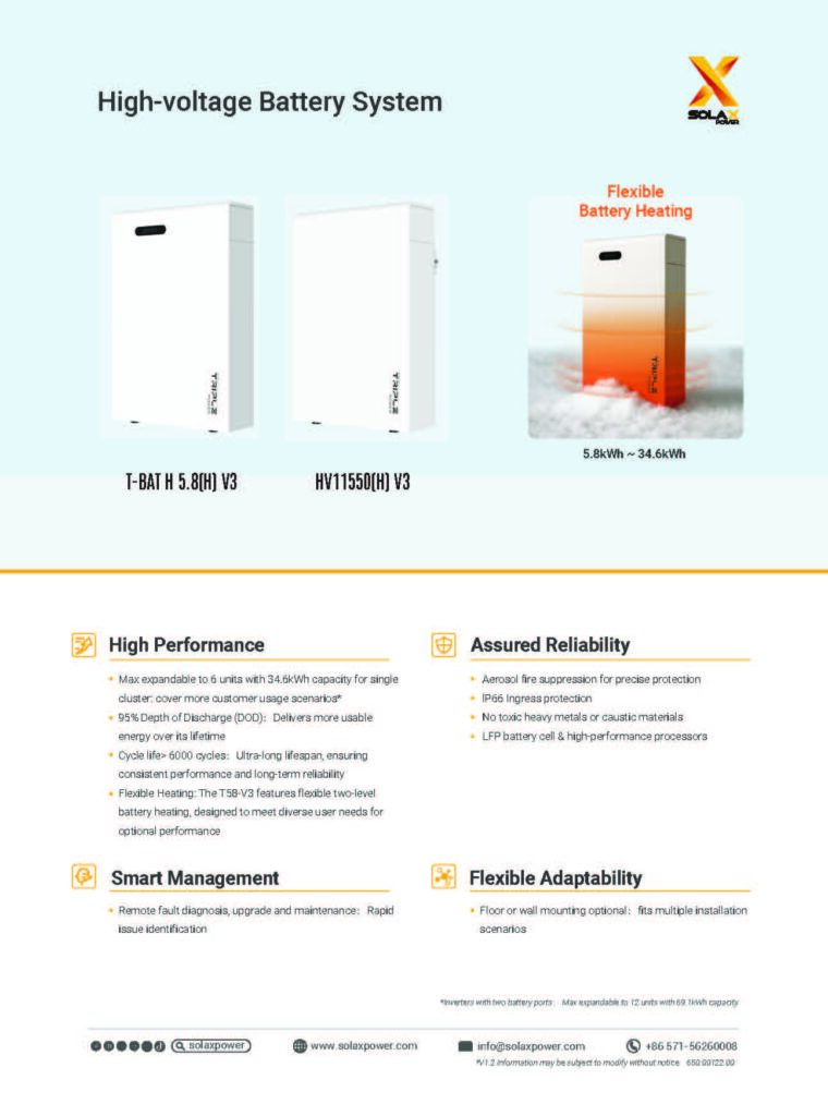 Front page of a SolaX Power specification sheet for a High-voltage Battery System, showcasing the T-BAT H 5.8(H) V3 and HV11550(H) V3 models. The page features product photos of the sleek, white vertical battery units, a graphic illustrating "Flexible Battery Heating," and lists of key specifications ranging from 5.8kWh to 34.6kWh.