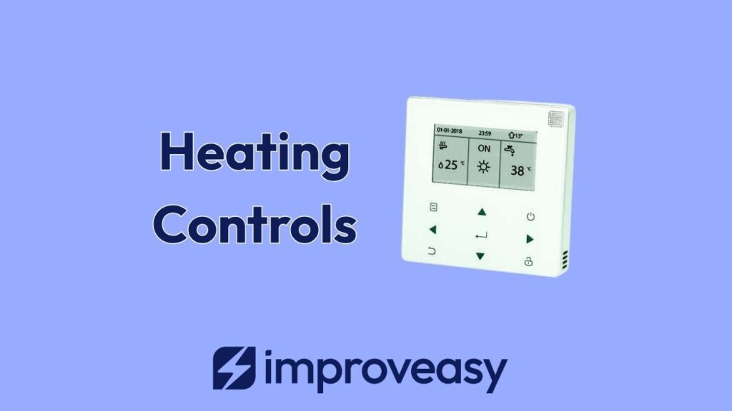 A white digital thermostat controller alongside the text "Heating Controls" and the Improveasy logo against a light blue background.