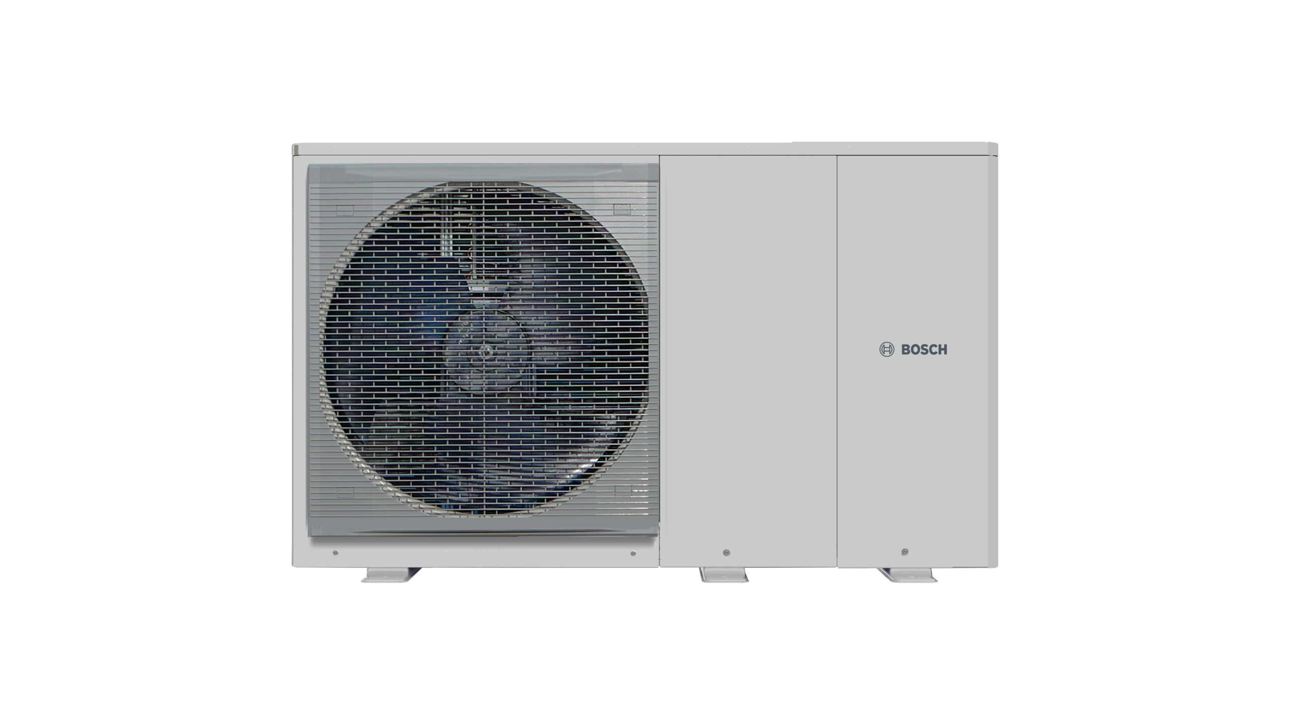 Bosch outdoor heat pump unit in light grey with a prominent circular fan grille on the left and logo on the right.