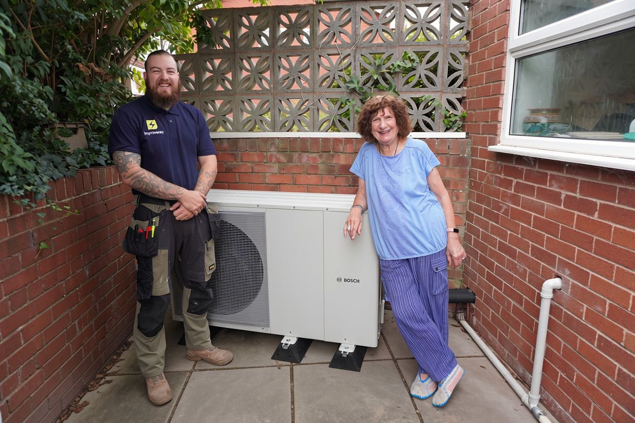 An elderly woman wearing blue clothing leans proudly on a white Bosch outdoor heat pump unit in her patio garden, standing alongside a smiling male Improveasy installer in work uniform.